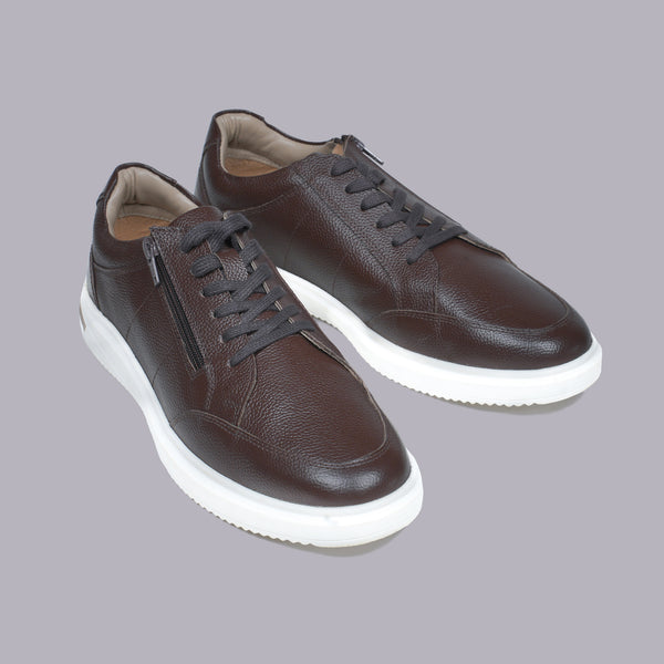 MILO - Dark Brown Pebbled Leather Sneaker with Side Zip