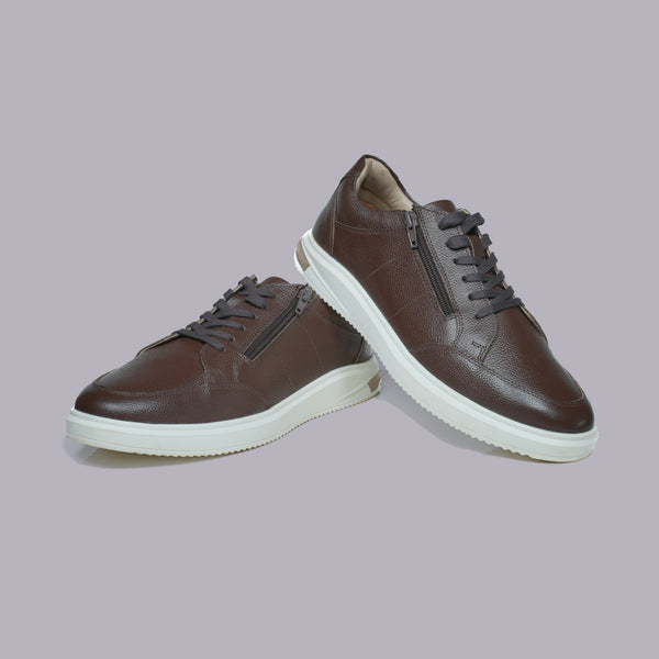 MILO - Dark Brown Pebbled Leather Sneaker with Side Zip