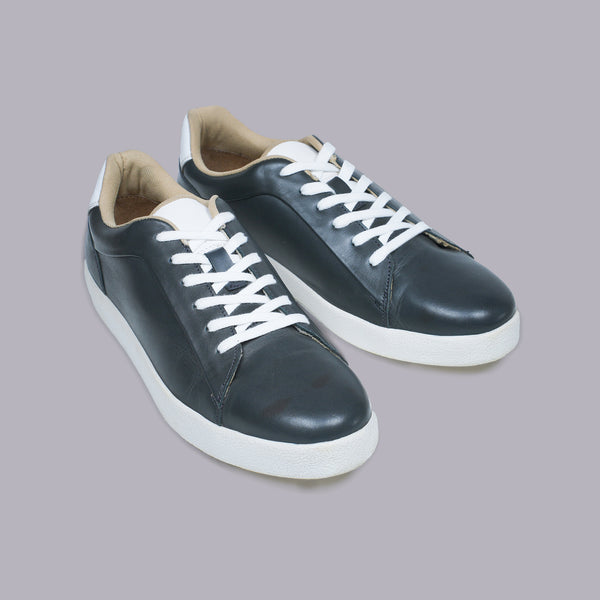DORIAN - Navy Blue Leather Sneaker with White Laces