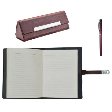 3-in-1 Gift Combo of Genuine Leather Notebook, Spectacle Case & Roller Pen