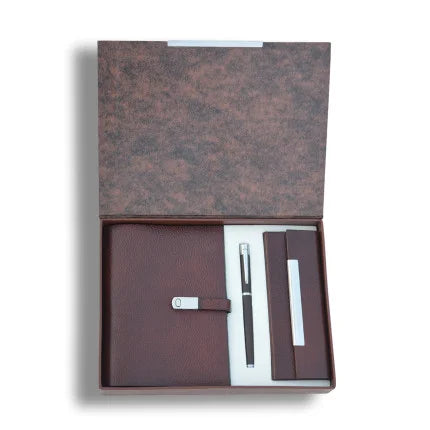 3-in-1 Gift Combo of Genuine Leather Notebook, Spectacle Case & Roller Pen