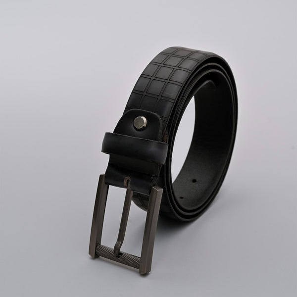 Black Formal Checkered  Pattern Genuine Leather Belt