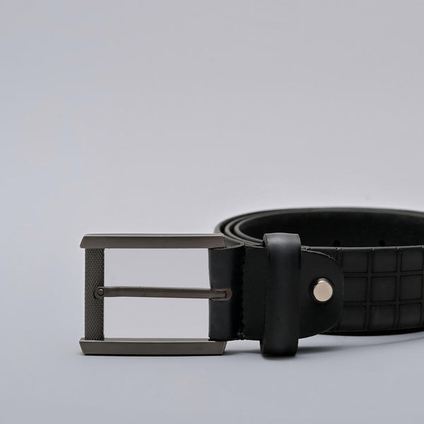 Black Formal Checkered  Pattern Genuine Leather Belt