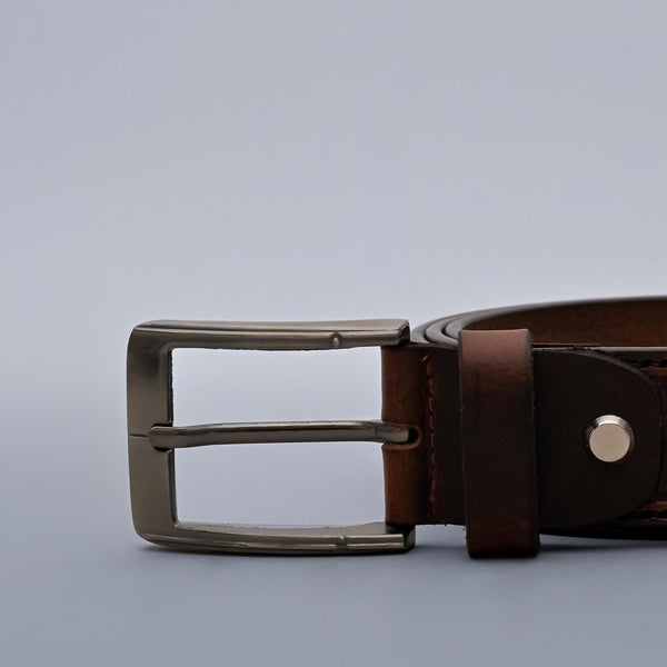 Brown Formal Genuine Leather Belt with Checkered Pattern