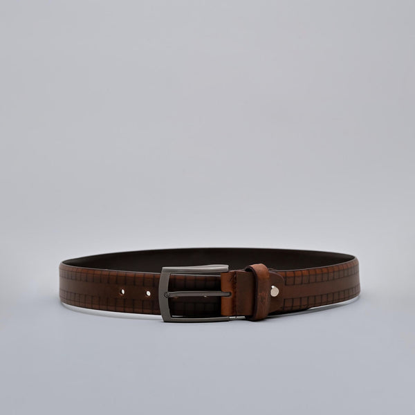 Brown Formal Genuine Leather Belt with Checkered Pattern