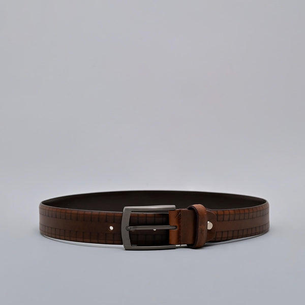 Brown Formal Genuine Leather Belt with Checkered Pattern