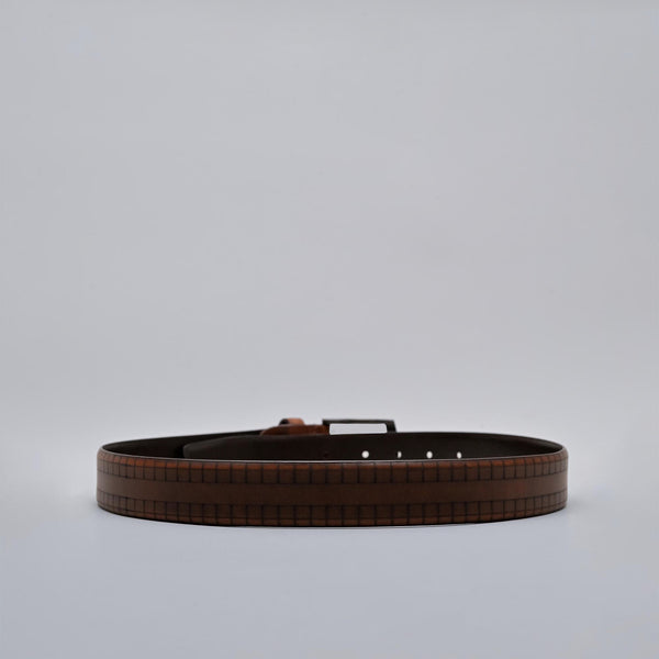 Brown Formal Genuine Leather Belt with Checkered Pattern