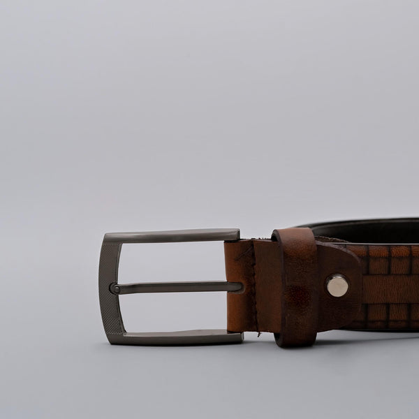 Brown Formal Genuine Leather Belt with Checkered Pattern