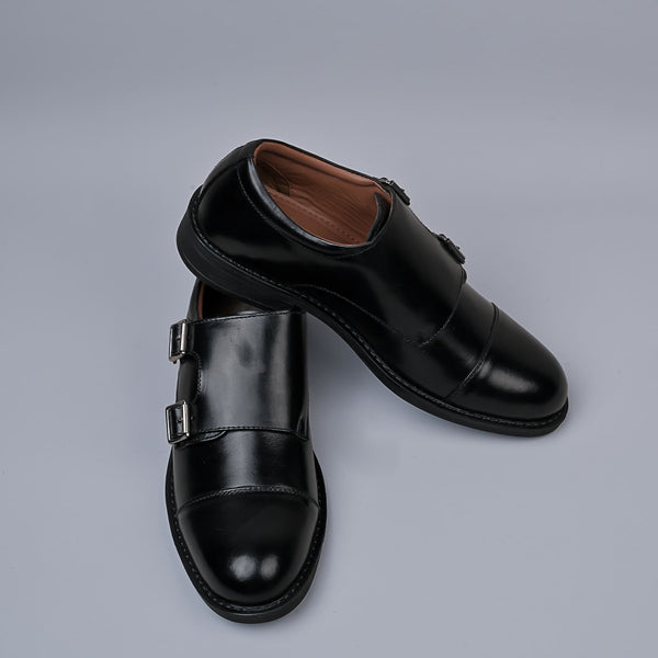 Black Genuine Leather Double Monk Strap Shoes