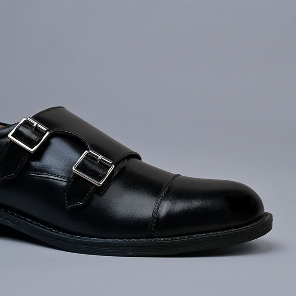 Black Genuine Leather Double Monk Strap Shoes