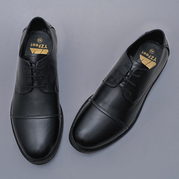 Black Genuine Leather Derby Toe Cap Shoes