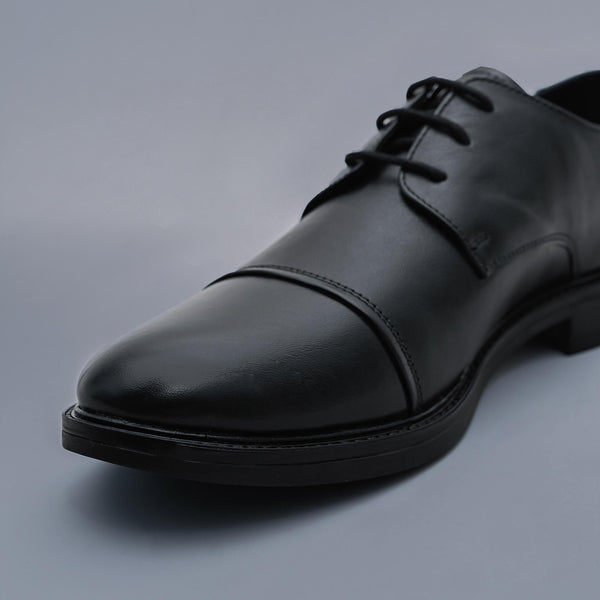 Black Genuine Leather Derby Toe Cap Shoes